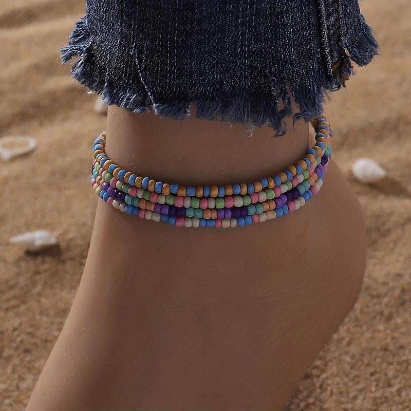 4 PCs Beaded Ankle Bracelet Colorful Bead Adjustable Anklet Chain Suit Bohemian Jewelry Summer Beach Decoration