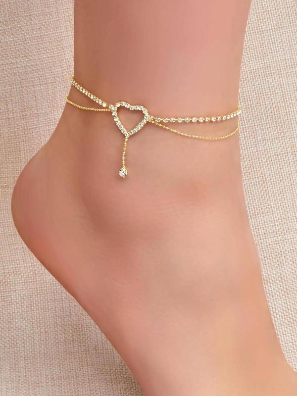 Rhinestone Heart Decorated Double Layer Anklet for Women, Foot Jewelry for Summer Beach, Exquisite Anklet for Birthday Gifts