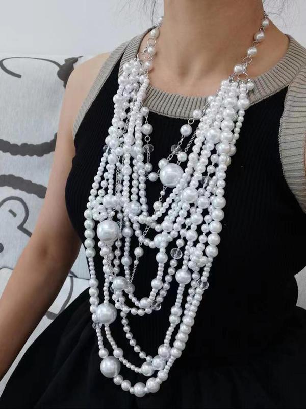 Faux Pearl Decorated Tiered Layer Necklace & Dangle Earrings, Elegant Jewelry Set for Party, Daily Decor, Trendy All-match & Exquisite Jewelry for Birthday Gift