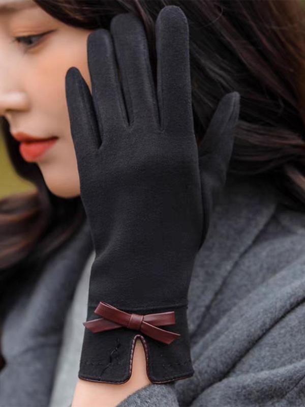 Women's Solid Color Bow Decor Full Finger Gloves, Casual Trendy Warm Gloves for Fall & Winter, Fashionable Gloves for Daily Use