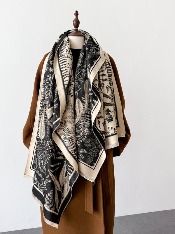 Leaf Pattern Tassel Decor Shawl, Casual Soft Warm Long Scarf for Fall & Winter, Fashion Accessories for Women & Men