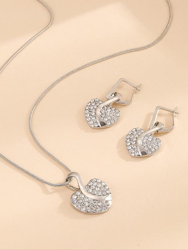 Women's Elegant Rhinestone Decorated Heart Design Pendant Necklace & Dangle Earrings, Exquisite Trendy Jewelry Set, Cute Jewelry Set As Gift for Girlfriend