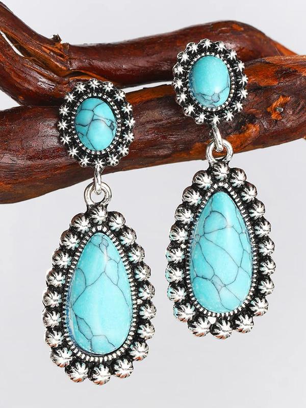 Boho Style Turquoise Texture Design Jewelry, 1 Count Pendant Necklace 1 Pair Water Drop Shaped Dangle Earrings 3 Counts Vintage Jewelry Set for Women & Girls