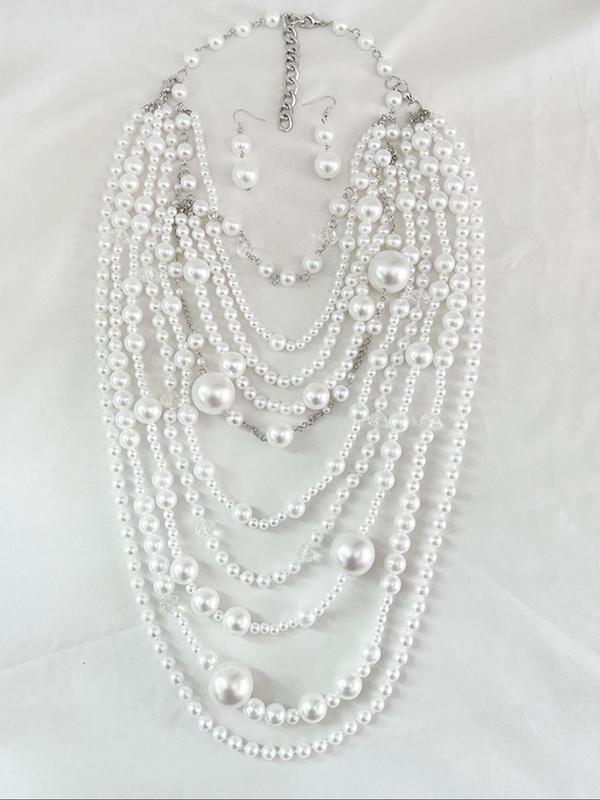 Faux Pearl Decorated Tiered Layer Necklace & Dangle Earrings, Elegant Jewelry Set for Party, Daily Decor, Trendy All-match & Exquisite Jewelry for Birthday Gift