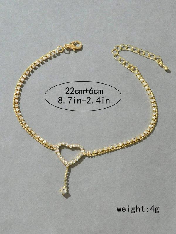 Rhinestone Heart Decorated Double Layer Anklet for Women, Foot Jewelry for Summer Beach, Exquisite Anklet for Birthday Gifts