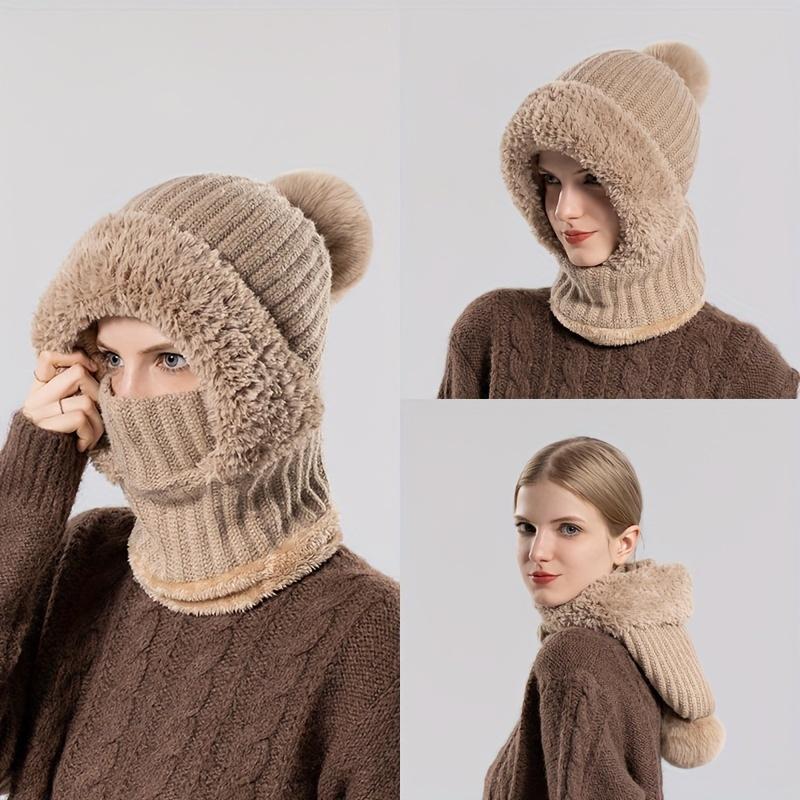 Womens Knit Beanie Hat Fleece Lined Winter Scarf Mask SetCaps Plush Earmuff  Hats with Pompom