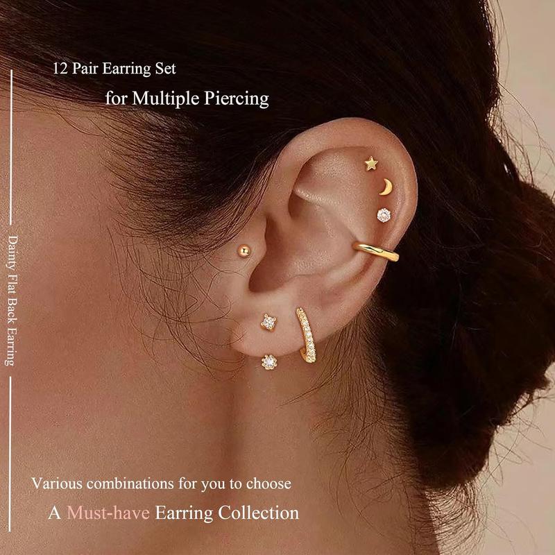 Dainty Gold Flat Back Earrings Hypoallergenic Cartilage Earring Sets for Multiple Piercing 20G Surgical Stainless Steel Earrings Flatback Stud Earring