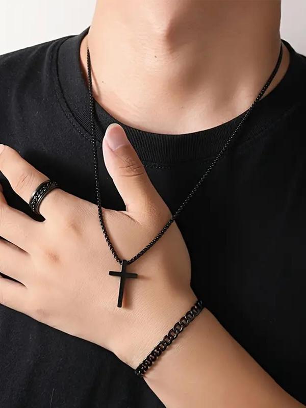 Men's Fashion Jewelry Set, Versatile Cross Necklace & Curb Chain Bracelet & Ring for Daily Wear, Trendy & All-match Accessories for Both Men & Women