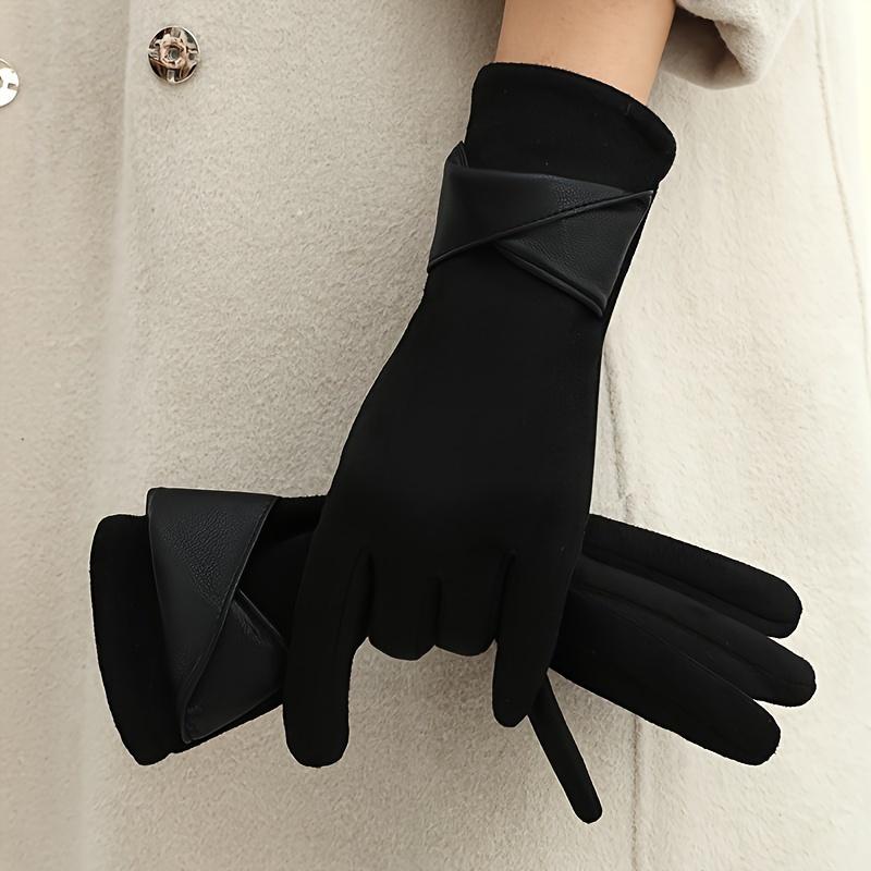 Women's Elegant Touchscreen Gloves, 1 Pair, Winter Warmth, Polyester Fleece Lining, Elastic, Solid Color, Bowknot Design, Breathable Knit, for Casual Outings, Biking, Driving