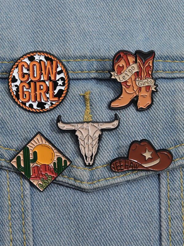 Cowboy Hat & Boots & Letters Design Brooch, 5 Counts Cute Cowboy Style Badge for Clothes & Hat & Backpack Decor, Fashion Vintage Accessories for Men & Women