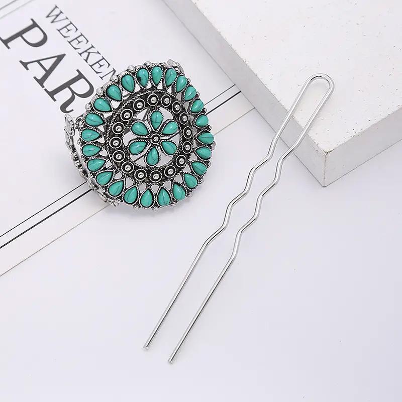 1pc Turquoise Hair Clip Silver Alloy U Shape Hair Clip Retro Western Hair Clip Women's Hair Accessories