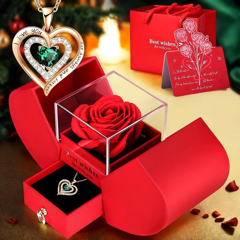 Rose Party Gift Box with Necklace, 1 Set Romantic Rose Gift Box with I Love You Necklace,  Flowers Gift for Mom, Wife, Girlfriend, Birthday Gift, Christmas Gifts