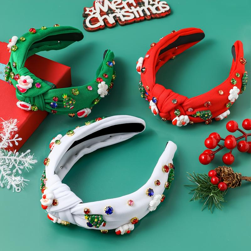 3 PCs Women Christmas Rhinestone Suit Cloth Knot Headband, Santa Claus, Christmas Tree, Christmas Snowflake Hair Accessories, Christmas Holiday Gift