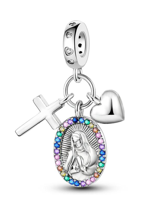 Rhinestone Decorated Virgin Mary Pendant, Cross & Heart Design Pendant for Bracelet & Necklace, Fashion Accessories for Women & Girls