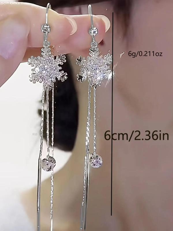 Women's 1 Pair Luxury Rhinestone Tassel Snowflake Decor Dangle Earrings, Elegant Fashionable and Versatile Jewelry Accessories Gift for Women