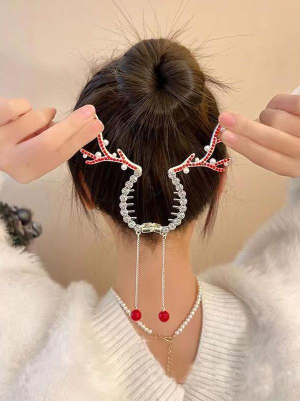 Cute Deer Antler Tassel Design Hair Clip, Elegant Rhinestone & Faux Pearl Decorated Hair Accessories for Women & Girls, Trendy All-match & Exquisite Hair Clip for Birthday Gift