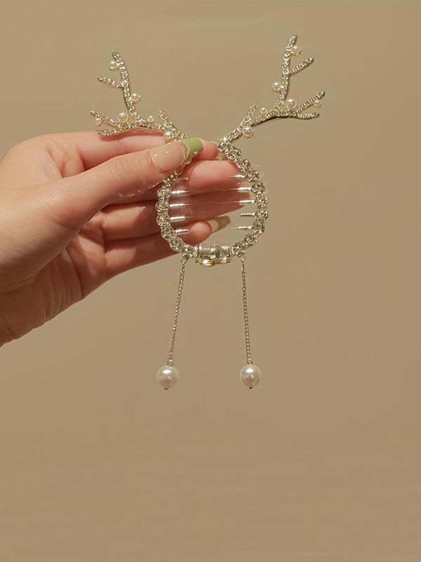 Cute Deer Antler Tassel Design Hair Clip, Elegant Rhinestone & Faux Pearl Decorated Hair Accessories for Women & Girls, Trendy All-match & Exquisite Hair Clip for Birthday Gift