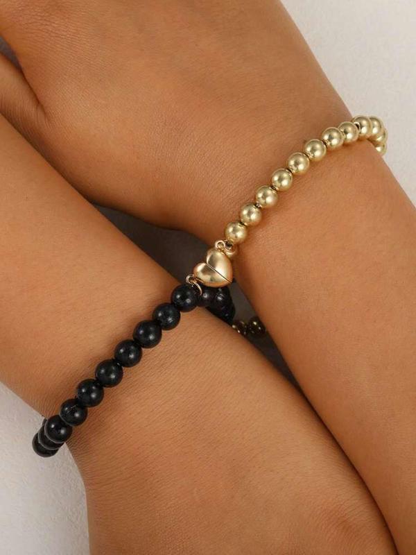 Half Heart Magnetic Beaded Couple Matching Bracelet, 2pcs set Simple Casual Beaded Bracelet for Women and Girl, Fashion Accessories Jewelry As Gift for Girlfriend and Boyfriend