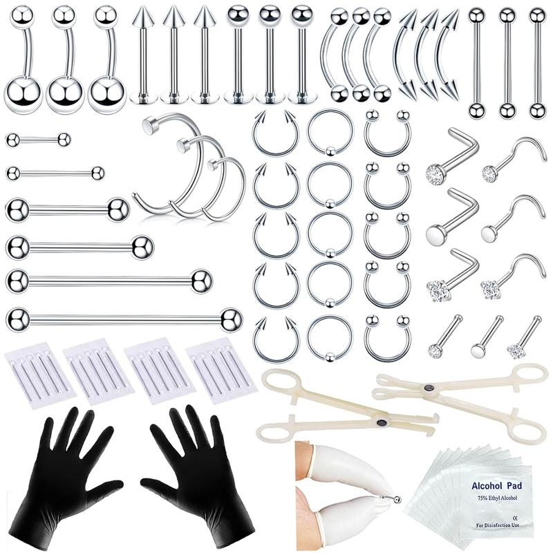 110Pcs 80PCS Nose Piercing Kit for All Body Piercings Stainless Steel Piercing Jewelry with 12G 14G 16G 20G Piercing Needles for Ear Cartilage Tragus Nose Septum Lip Eyebrow