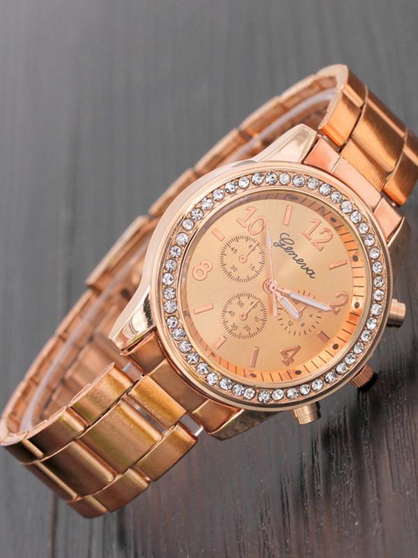 Women's Fashion Luxury Rhinestone Decorated Quartz Watch, Casual Round Dial Analog Dress Watch without Box, Elegant Wristwatch