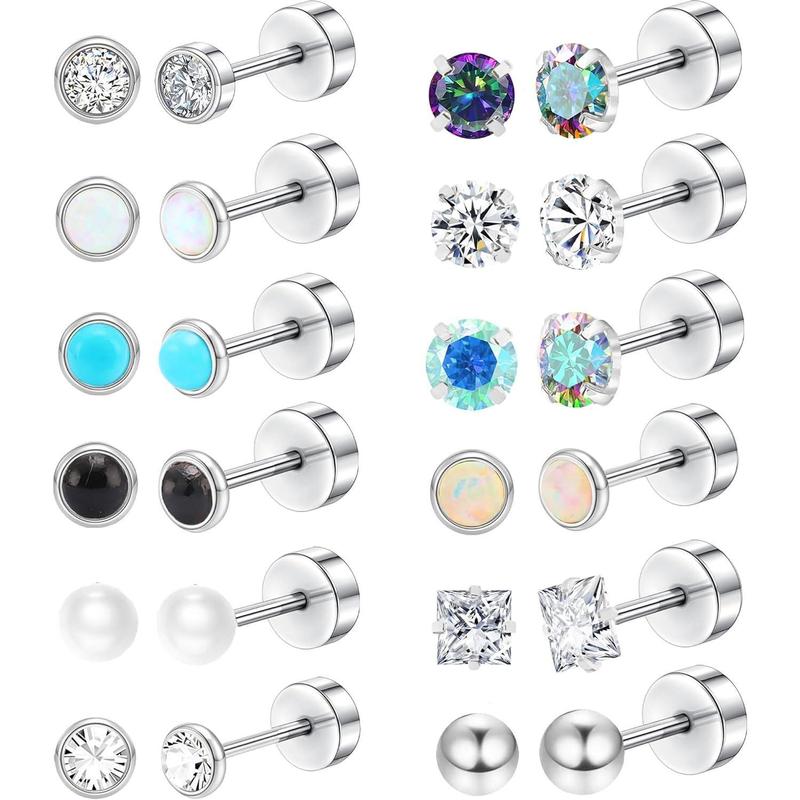 12 Pairs Hypoallergenic Surgical Steel Flatback Stud Earrings for Men & Women - CZ Opal, Screw Back, Perfect for Cartilage & Sensitive Ears.