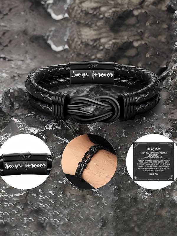 Men's Simple Style Plain Color Braided Textured Synthetic Leather Bracelet with Letters Pattern,  Casual Trendy Bracelet with Knot Design, Fashionable Accessories for Daily & Party Decoration