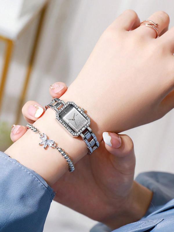 Women's Elegant Fashion Rhinestone Decorated Quartz Watch & Slider Bracelet,2024 New Style Watch Set for Party, Daily Clothing Decor, Trendy Watch Set for Birthday Gift without Box