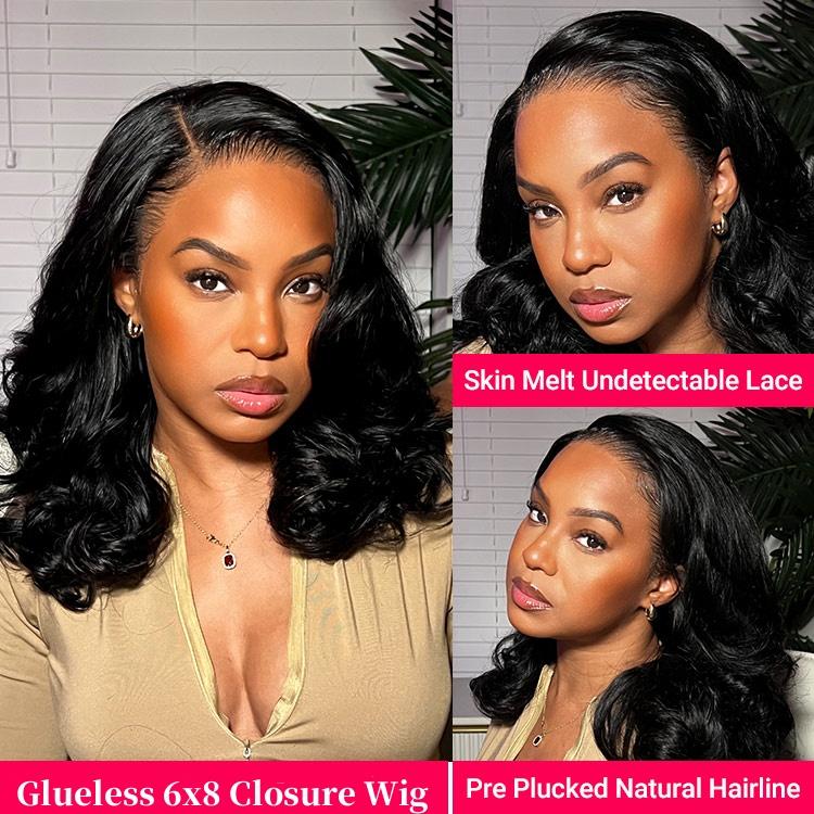 West Kiss Ready Go Glueless 6x8 Lace Closure Wig Body Wave Layer Cut Wig Pre Cut Lace Pre Bleached Knots Side Part Glueless Wig 250% Density