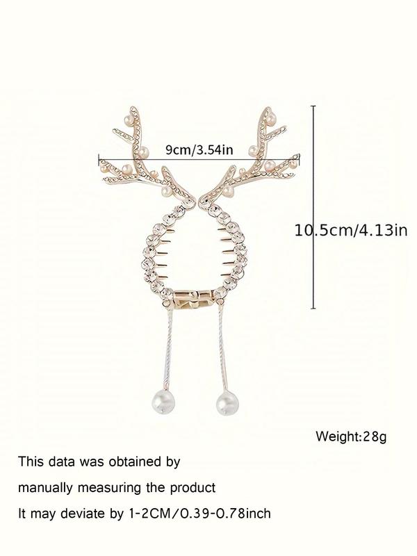 Cute Deer Antler Tassel Design Hair Clip, Elegant Rhinestone & Faux Pearl Decorated Hair Accessories for Women & Girls, Trendy All-match & Exquisite Hair Clip for Birthday Gift