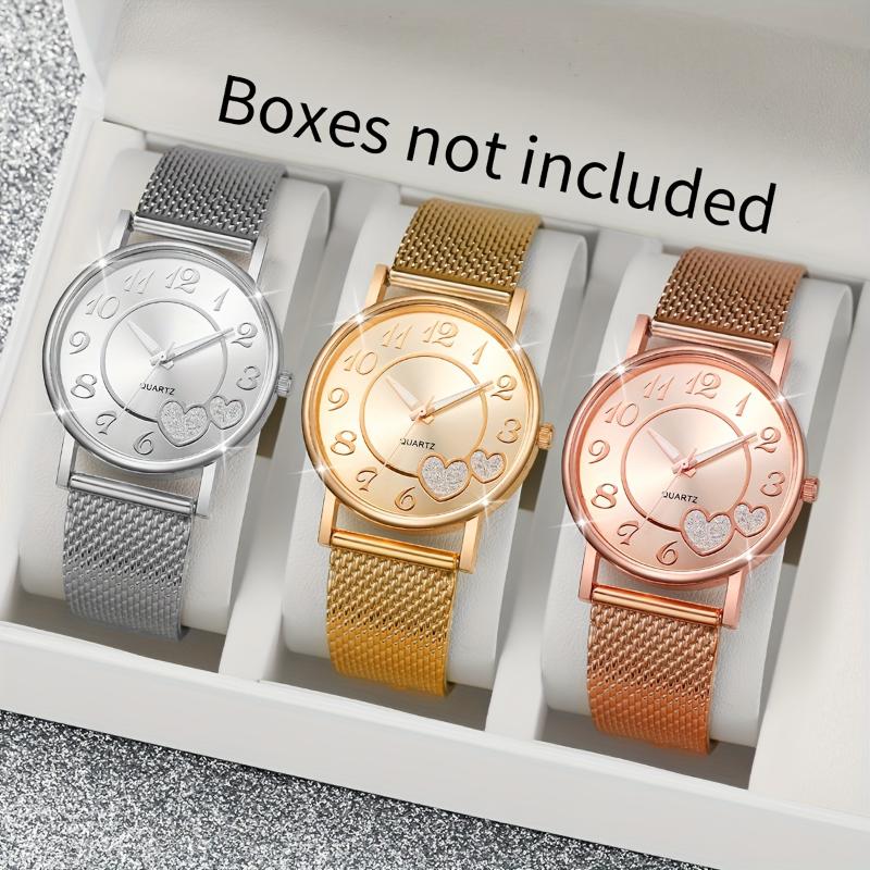 3pcs Set Women's Fashion Quartz Watches with Heart Dial & Mesh Band - Elegant Analog Display, Alloy Case