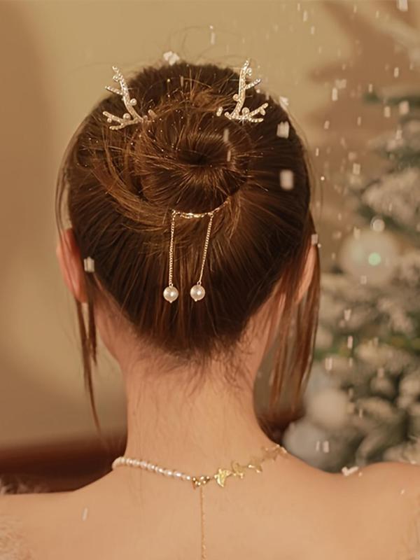 Cute Deer Antler Tassel Design Hair Clip, Elegant Rhinestone & Faux Pearl Decorated Hair Accessories for Women & Girls, Trendy All-match & Exquisite Hair Clip for Birthday Gift