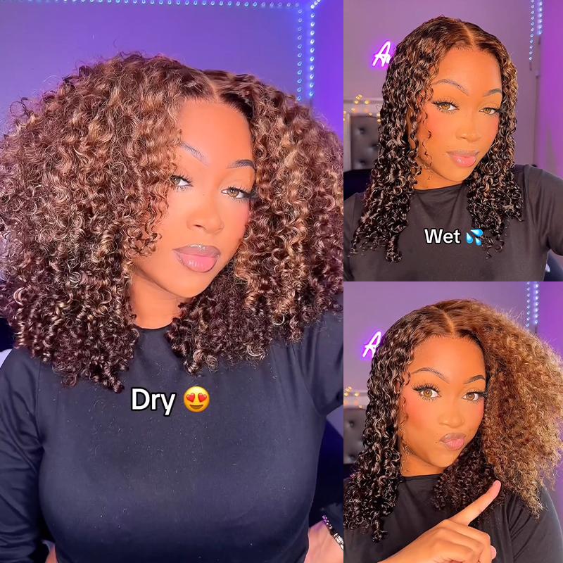 ISEE Wear Go Highlight Brown Color Kinky Curly & Deep Wave Middle Length Wig 4*6 Lace Closure Wig