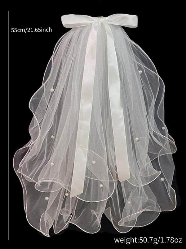 Bow Decor Mesh Veil,  Romantic Faux Pearl Decor Sheer Bridal Veil, Wedding Bridal Headwear for Women