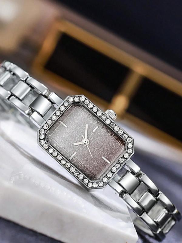 Women's Elegant Fashion Rhinestone Decorated Quartz Watch & Slider Bracelet,2024 New Style Watch Set for Party, Daily Clothing Decor, Trendy Watch Set for Birthday Gift without Box