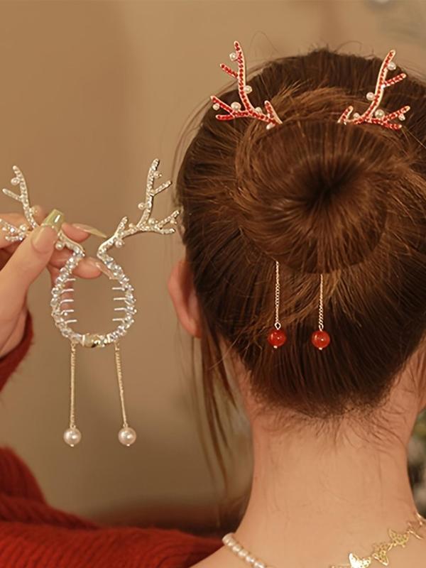 Cute Deer Antler Tassel Design Hair Clip, Elegant Rhinestone & Faux Pearl Decorated Hair Accessories for Women & Girls, Trendy All-match & Exquisite Hair Clip for Birthday Gift