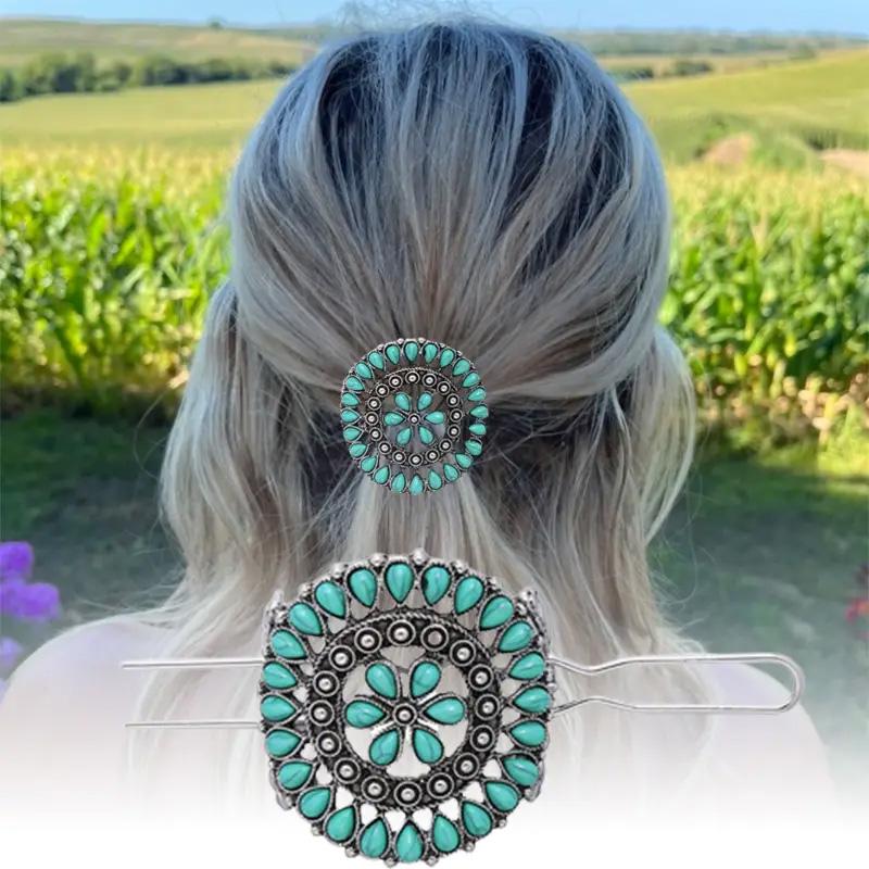 1pc Turquoise Hair Clip Silver Alloy U Shape Hair Clip Retro Western Hair Clip Women's Hair Accessories