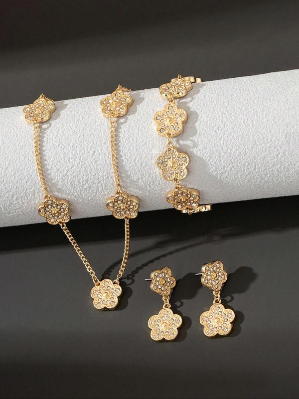 Elegant Flower Design Rhinestone Decorated Jewelry Set, Fashion Jewelry for Party, Daily Clothing Decor, Trendy All-match & Exquisite Jewelry for Birthday Gift