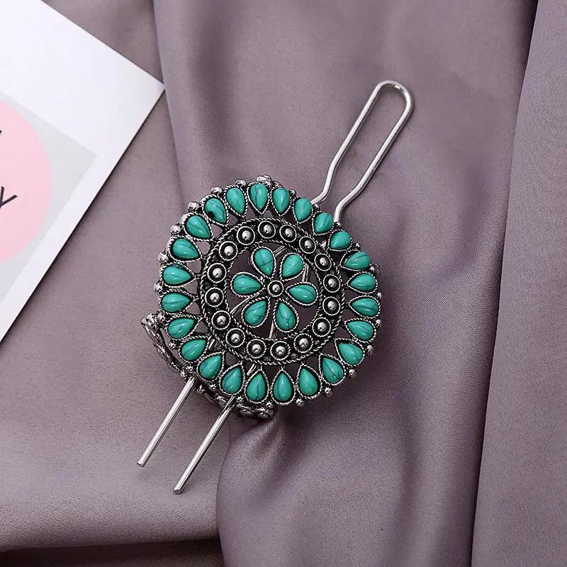 1pc Turquoise Hair Clip Silver Alloy U Shape Hair Clip Retro Western Hair Clip Women's Hair Accessories