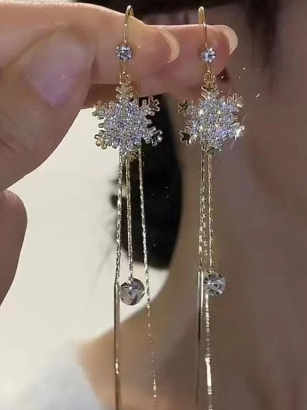 Women's 1 Pair Luxury Rhinestone Tassel Snowflake Decor Dangle Earrings, Elegant Fashionable and Versatile Jewelry Accessories Gift for Women