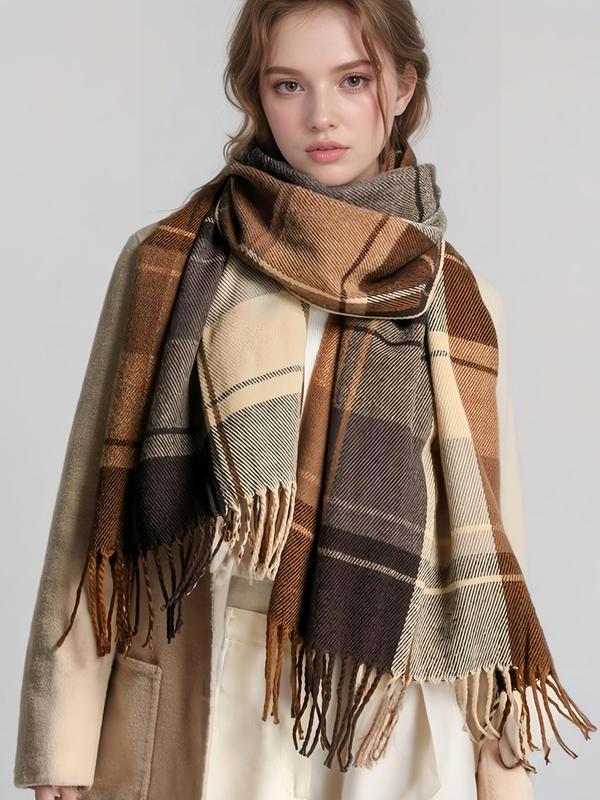 Women's Plaid Pattern Tassel Decor Scarf, Casual Soft Warm Thick Shawl for Fall & Winter, Fashion Accessories for Women & Girls