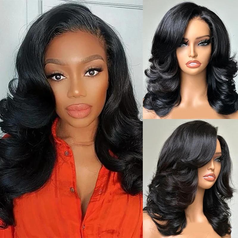 West Kiss Ready Go Glueless 6x8 Lace Closure Wig Body Wave Layer Cut Wig Pre Cut Lace Pre Bleached Knots Side Part Glueless Wig 250% Density