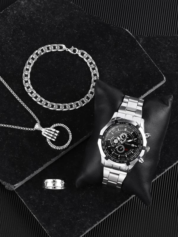 Men's Classic Watch & Jewelry Set, Fashion Round Dial Analog Quartz Watch with Calendar & Chain Bracelet & Ring & Pendant Necklace, Watch Set for Party, Daily Decor, Exquisite Watch Set for Gift