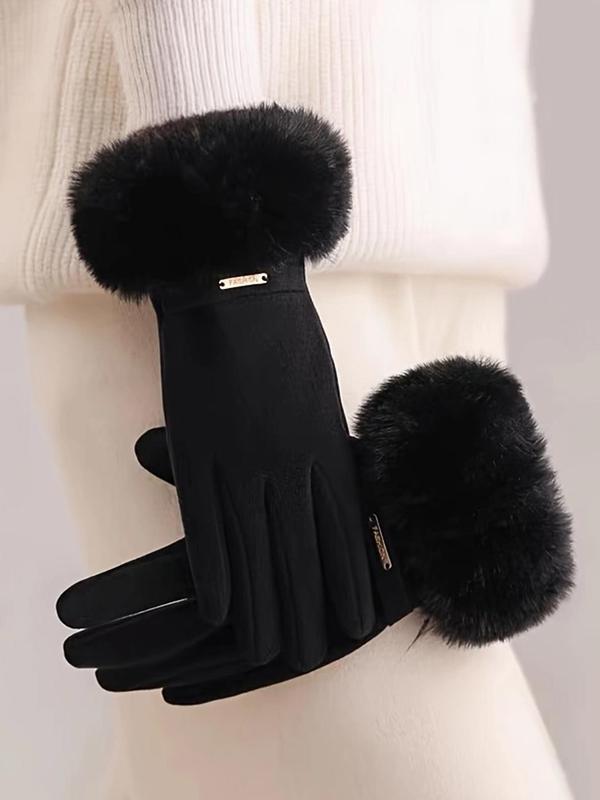 Women's Solid Color Thickened Gloves, Elegant Fashion Warm Gloves for Fall & Winter, Windproof Cycling Gloves for Outdoor Activities