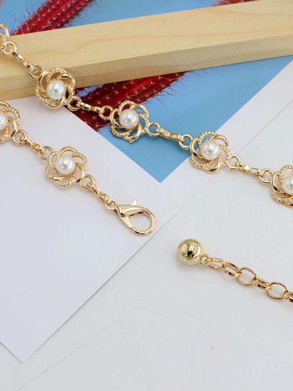 Women's Elegant Faux Pearl Decor Flower Design Chain Belt,  Trendy Cute Chain Belt, Chic All-match Stylish Clothes Accessories for Party Decor