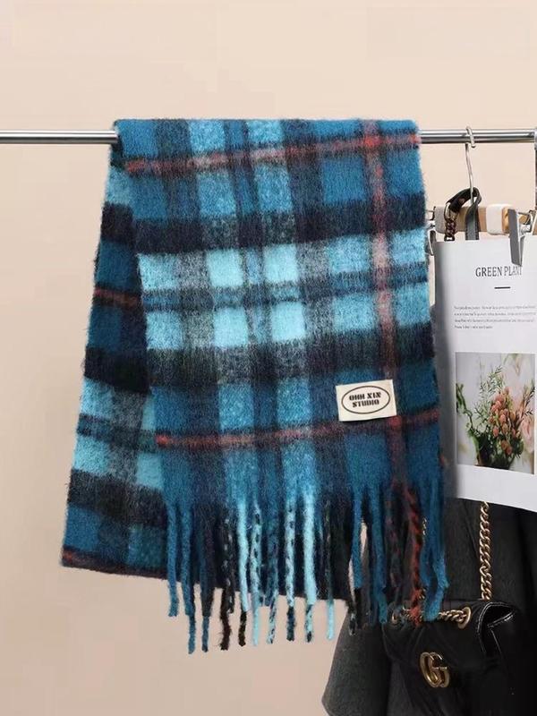 Tartan Pattern Tassel Decor Scarf, Casual Soft Warm Thick Thermal Shawl for Fall & Winter, Fashion Accessories for Women & Men