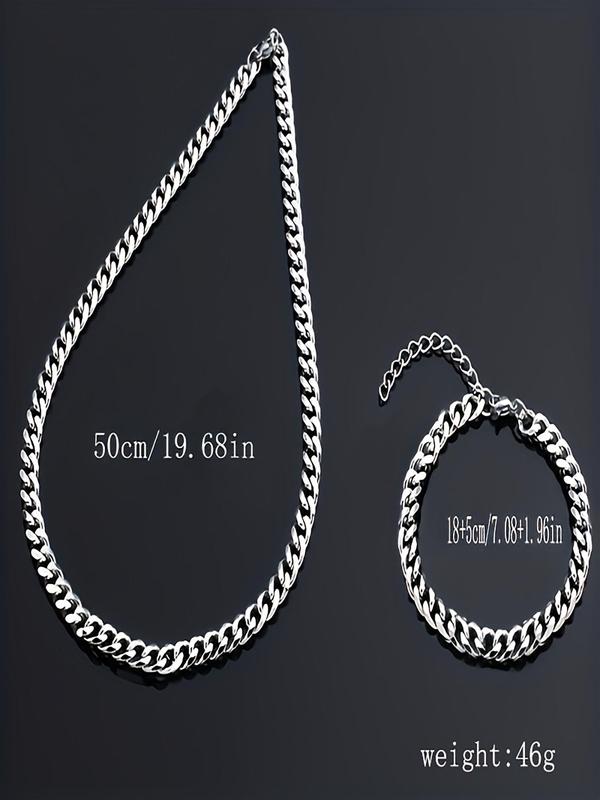 Men's Simple Cuban Chain Bracelet & Necklace (2counts), Fashion Hip Hop Stainless Steel Jewelry for Party, Daily Clothing Decor, Trendy All-match & Exquisite Jewelry for Birthday Gift