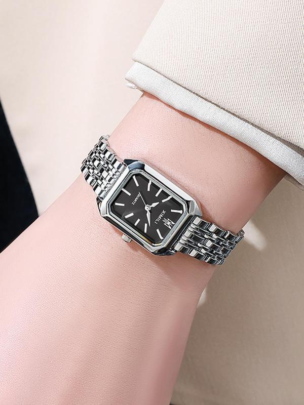 Women's Elegant Rectangle Dial Quartz Watch, Fashionable Stainless Steel Strap Wristwatch for Women & Girls, Trendy All-match Watch for Birthday Gift