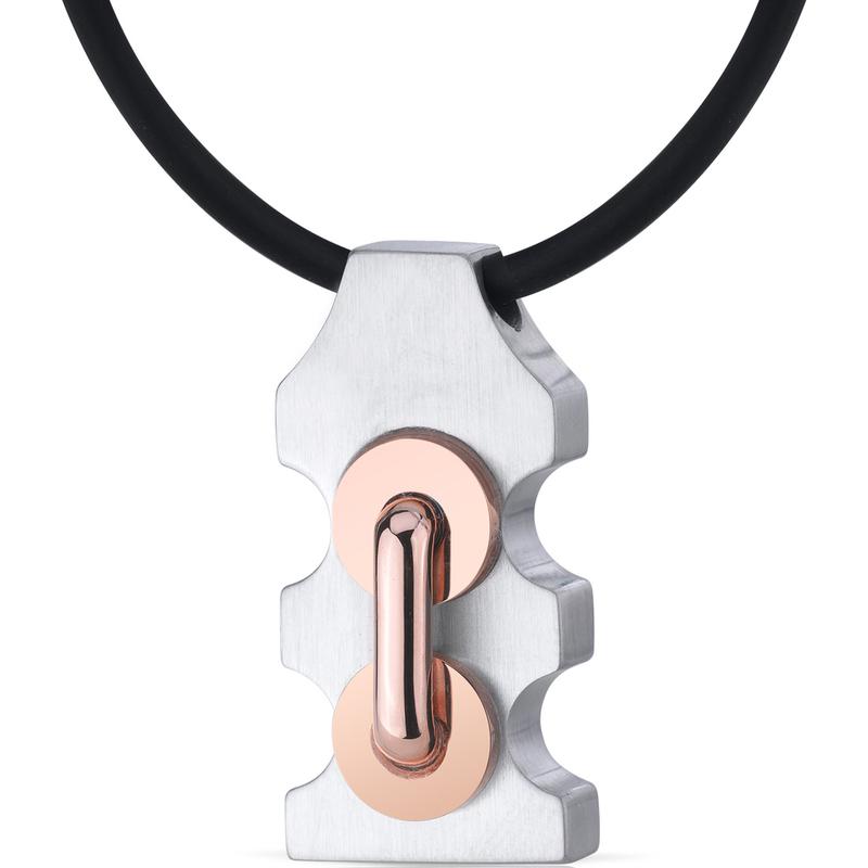 Stainless Steel Pendant with Raised Handlebar Motif and Rose Gold Accents on Black Rubber Cord Daily Engagement Birthday Anniversary Male Female