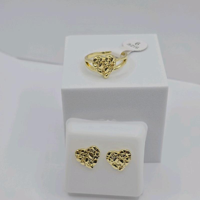 LUXURY Nuggets style HEARTS  set ring with heart earrings studs GOLD-PLATED ring zises 7 to 10 available