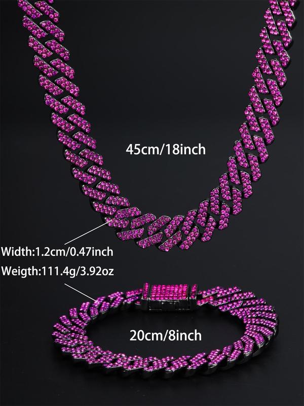 Unisex Punk Style Rhinestone Decor Cuban Chain Necklace & Bracelet, Exquisite Trendy Y2k Chunky Chain Necklace & Matching Bracelet